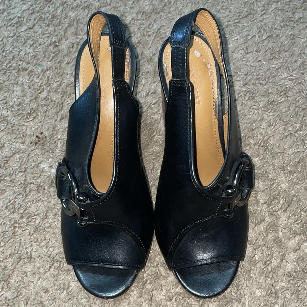 COACH black peep toe buckle Slingback stacked heals - Picture 2 of 9
